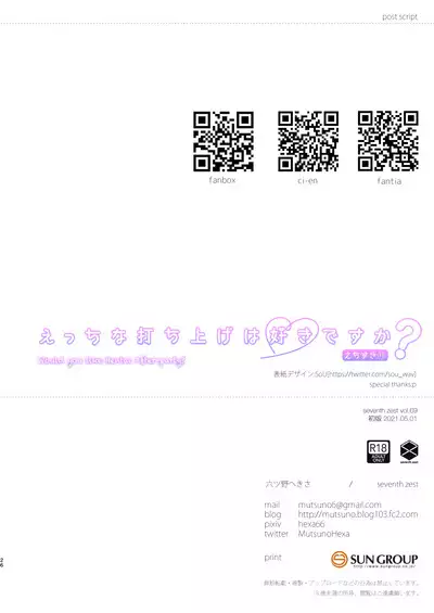 [seventh zest (Mutsuno Hexa)] Ecchi na Uchiage wa Suki desu ka? - Would you like Hentai After-party? [Textless] [Digital]